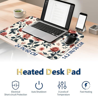 Heated Mouse Pad with 3 Temperature Settings(104°F–122°F),Large 24x14.2 Inch PU Leather Heated Desk Mat,Waterproof Warming Pad for Office,Gaming & Cold Hands Relief,Retro Flowers