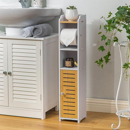 AOJEZOR Toilet Paper Holder Stand: Small Bathroom Storage Cabinet- White&Bamboo