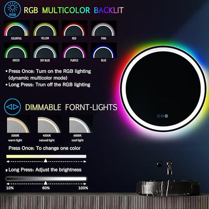 THEKLA 20 Inch Bathroom Round Led Mirror with Lights 3Color + RGB Colorful Changing Backlit Circle Round Lighted Vanity Mirror with Lights for Bathroom Wall Dimmable Anti Fog Round Circle Smart Mirror