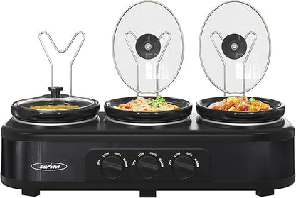 3 * 1.5 Quarts Triple Slow Cooker, Buffet Server & Warmer with 3 Removable Ceramic Pots, 3 Adjustable Temp Settings & 3 Metal Lid Rests, Stainless Steel, Black