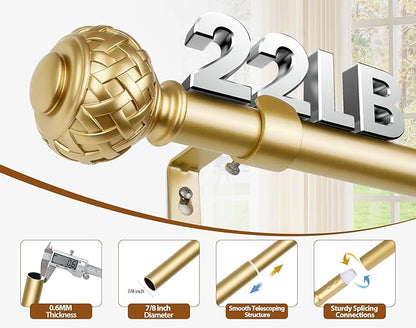 TONIAL Gold Curtain Rod 32 to 86 Inches, 7/8 Adjustable Curtain Rods for Windows 20 to 82 Inches, Splicing Drapery Rods Heavy duty with Netted Texture Finials