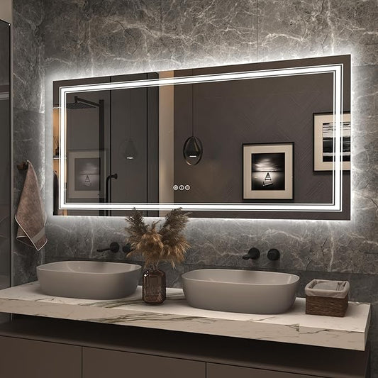 60x28 LED Lighted Mirror for Bathroom Wall, Large Vanity Mirror with Lights, Dimmable, Shatterpoof, Anti-Fog (Backlit and Front Lighted)