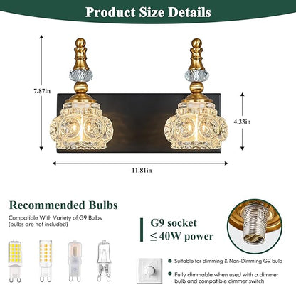 Modern Glass Crystal Vanity Light - Vintage Bathroom Lighting Fixtures Over Mirror, 2 Light Vanity Lights G9 Bulb (11.81 Inch, Black Gold)