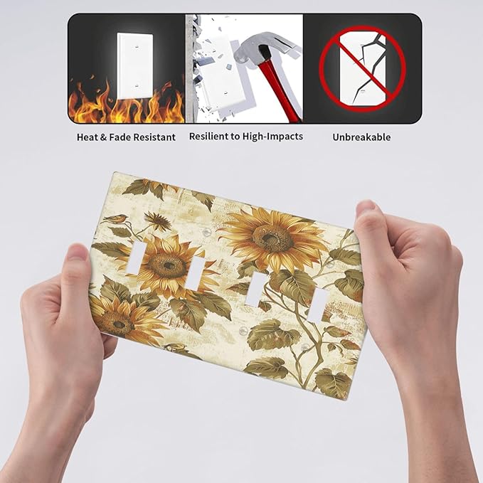 Light Switch Covers Rustic Sunflower Floral Pattern Quad Toggle Electrical Faceplate 4 Gang Wall Plate Decorative Switch Plates for Bedroom Cabin Decor
