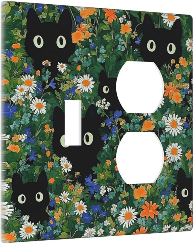 Boho Funny Black Cute Cats Daisy Wildflower Wallplates 1 Toggle 1 Duplex Switch Plate Electrical Gfci Faceplate Decorative Light Switch Covers For Kids Room Bed Room Decor