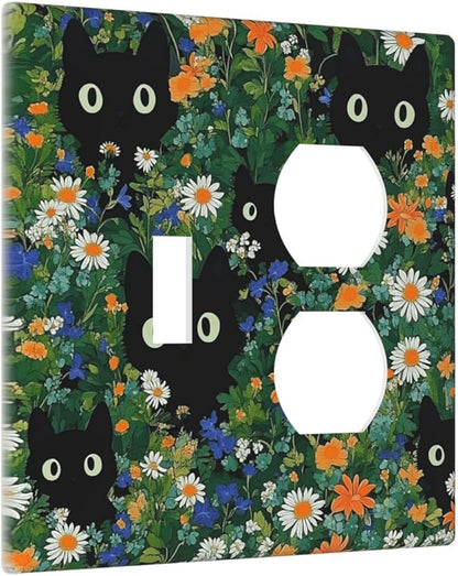 Boho Funny Black Cute Cats Daisy Wildflower Wallplates 1 Toggle 1 Duplex Switch Plate Electrical Gfci Faceplate Decorative Light Switch Covers For Kids Room Bed Room Decor