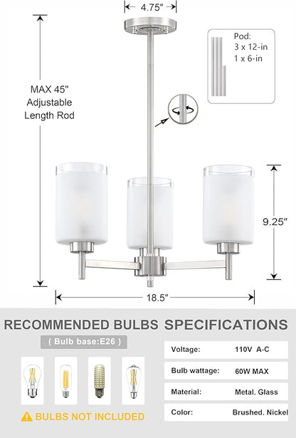 Doraimi Lighting 3 Light Chandelier Clear Frosted Glass Shade Classic Style Ceiling Pendant Light Fixture Brushed Nickel Finish for Meeting Room Dining Room Over Table Living Room