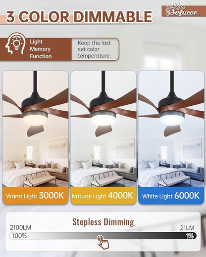 Sofucor 45" Smart Ceiling Fan, Indoor/Outdoor Ceiling Fans with Lights and Remote, Work with Alexa/Google/App, 3-Color Light 6-Speed Timing Reversible DC Motor for Bedroom Living Room Patio