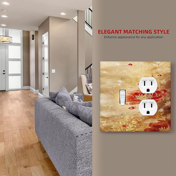 Decorative Outlet Covers Golden Leaf Red Peony Flowers Floral 2 Gang Wall Plate Cover Single Toggle Duplex Combo Two Switch Light Switch Cover Plate Jumbo Faceplate