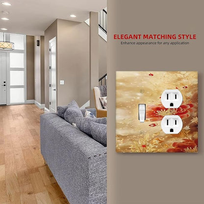Decorative Outlet Covers Golden Leaf Red Peony Flowers Floral 2 Gang Wall Plate Cover Single Toggle Duplex Combo Two Switch Light Switch Cover Plate Jumbo Faceplate