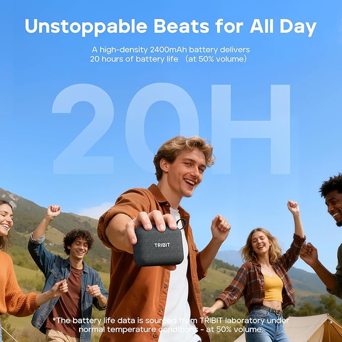 Tribit PocketGo Portable Bluetooth Speaker, 20H Playtime, IP68 Waterproof/Dustproof, Wireless, BT6.0, Shower, Powerful Sound, Custom EQ, TWS, Support TF Card, Floatable, Type-C, Travel/Outdoors/Home