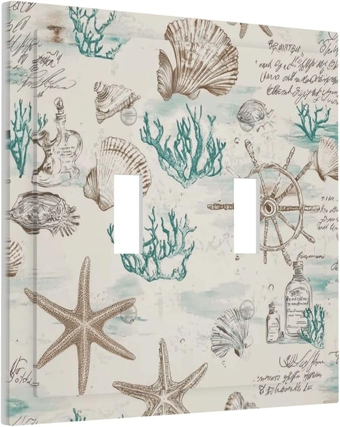 Mid Century Seashells Starfish Compass Decorative Switch Plates 2 Gang Double Toggle Outlet Light Switch Cover Wall Plate Electrical Faceplate For Nursery Kids Room Decor