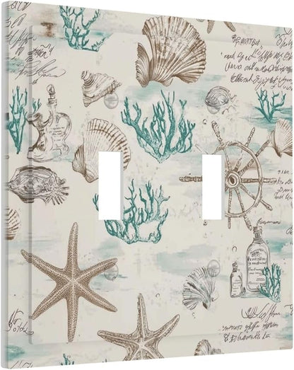 Mid Century Seashells Starfish Compass Decorative Switch Plates 2 Gang Double Toggle Outlet Light Switch Cover Wall Plate Electrical Faceplate For Nursery Kids Room Decor
