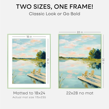 Homeforia 22x28 Sage Green Picture Frame, High End Metal 22x28 Poster Frames with Mat 18x24 inch Photo, 22 x 28 Thin Frame Matted to 18 x 24 Art, 28x22 Large Frames, Tempered Glass, Wall Kit, Set of 2