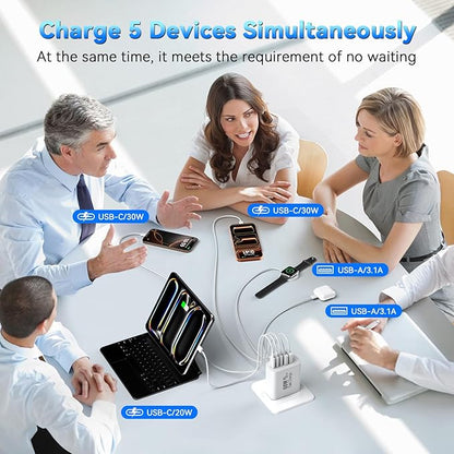 USB C Fast Charger Block, 60W 5-Port USB C Wall Charging Blocks, Type C Chargers Fast Charging Brick, 3USB C+2USB A PD&QC3.0 Multiport Charger Plug for Phone 17/16/15/14/13 Pro Max, White+Blue