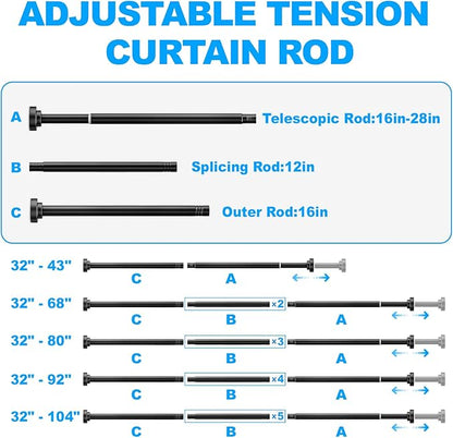 TEECK Shower Curtain Rod, 32-92 inch Adjustable Spring Tension Curtain Rod, Never Rust Anti-Slip Shower Curtain Rod for Bathroom, No Drilling, Never Collapse, Easy to Use, Black