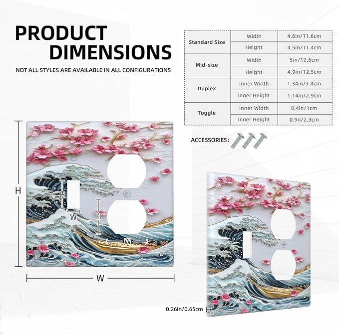 Wallplates The Great Wave Off Kanagawa With Sakura 1 Toggle 1 Duplex Switch Plate Electrical GFCI Faceplate Decorative Light Switch Covers for Bedroom Bathroom Decor