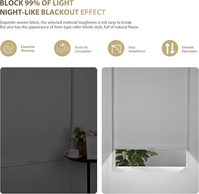 Blackout Linen Roller Shades for Windows Cordless Room Darkening Roller Blinds Easy to Install with Cassette Valance Black Out Window Shades for Home Office Living Room White,24" W x 84" H