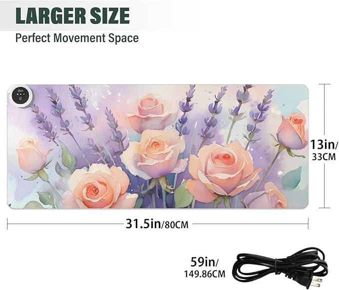 Large Heated Mouse Pad,Leather Desk Mat,31.5"x13",Hand Warmer Pads for Desk,Lavender Rose(Morandi)