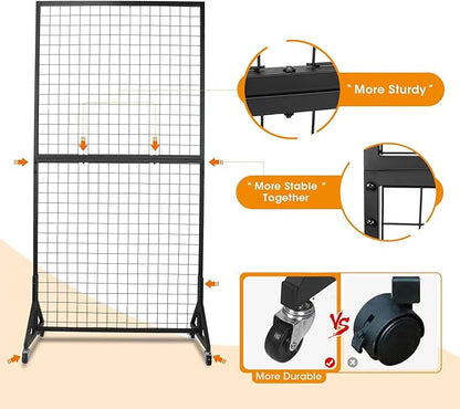 Eastern Tree 2 Packs 3'X 6' Two Gridwall Panels Display Stand with Sturdy T-Base, Black Wire Grid Wall Panels for Craft Show Display Rack, Art Display Stand, Extra More 20 Hooks