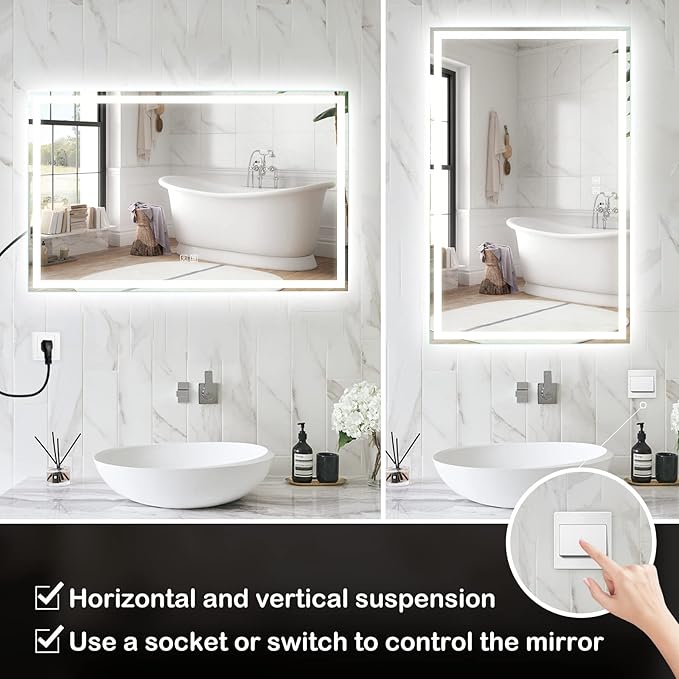 ROOMTEC 48X30 Inch Led Mirror for Bathroom,Backlit Lighted,Anti-Fog, Dimmable, Vertical & Horizontal Mount (Square-48 * 30",Frosted), Silver