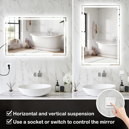 ROOMTEC 48X30 Inch Led Mirror for Bathroom,Backlit Lighted,Anti-Fog, Dimmable, Vertical & Horizontal Mount (Square-48 * 30",Frosted), Silver