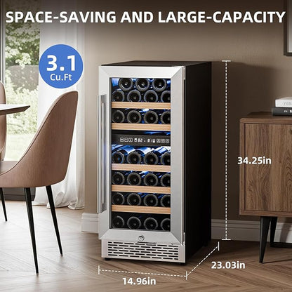 Antarctic Star Wine Fridge 15 Inch Wine Cooler Refrigerator,27 Bottles Dual Zone Freestanding or Bulit-in Wine Cooler Fridge with Stainless Steel Double-Layer Tempered Glass Door,3.1cu.ft