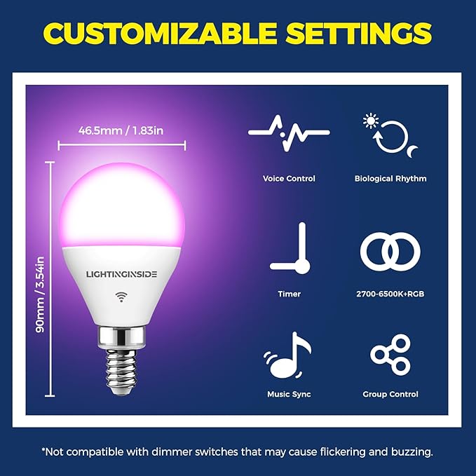 Lightinginside E12 Smart Light Bulbs 50W Equiv., G16.5 RGBCW Candelabra Chandelier Ceiling Fan Smart Bulb Works with Alexa/Google Home/Smart Life, 5W 550LM, 2.4G WiFi Bluetooth Bulb, ETL Listed, 2PCS