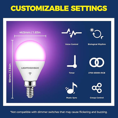 Lightinginside E12 Smart Light Bulbs 50W Equiv., G16.5 RGBCW Candelabra Chandelier Ceiling Fan Smart Bulb Works with Alexa/Google Home/Smart Life, 5W 550LM, 2.4G WiFi Bluetooth Bulb, ETL Listed, 4PCS