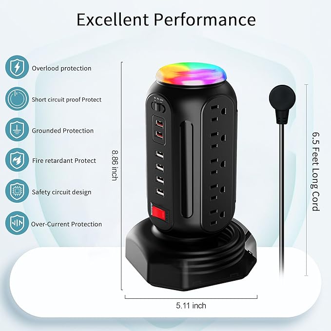 Power Strip Tower with Colorful Nightlight, 15 AC Outlets and 6 Fasting USB Ports, Retractable Extension Cord with Multiple Outlets, 900 J Surge Protector with Right Flat Plug (Black)