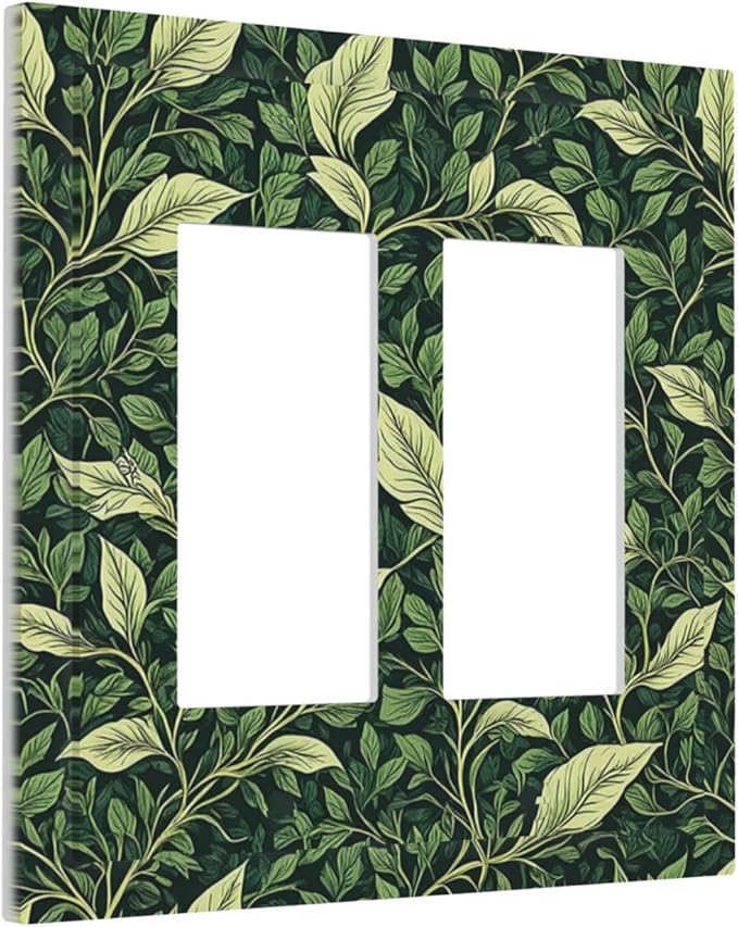 Vintage Green Plant Leaves Outlet Covers Light Switch Cover Plate 2 Gang Double Rocker Wall Plates Decorative Switch Plates Plug Cover Electrical GFCI Receptacle Cover for Home 4.9 X 5 IN
