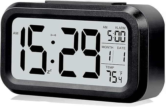Digital Alarm Clock with LCD Display, Desk Smart Electronic Small Clock with Indoor Temperature, Date, Light Sensor, Backlight, Battery Operated, for Home Bedroom Kids Office (Black)