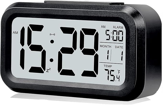 Digital Alarm Clock with LCD Display, Desk Smart Electronic Small Clock with Indoor Temperature, Date, Light Sensor, Backlight, Battery Operated, for Home Bedroom Kids Office (Black)
