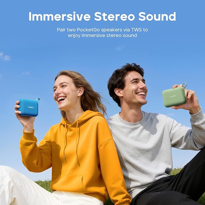 Tribit PocketGo Portable Bluetooth Speaker, 20H Playtime, IP68 Waterproof/Dustproof, Wireless, BT6.0, Shower, Powerful Sound, Custom EQ, TWS, Support TF Card, Floatable, Type-C, Travel/Outdoors (Blue)