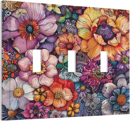 Decorative Switch Plates Colorful Bohemian Flowers Vintage Boho Floral 3 Gang Wall Plate Triple Toggle Light Switch Cover Faceplate Electrical Wall Panels for Bed Room living Room Decor