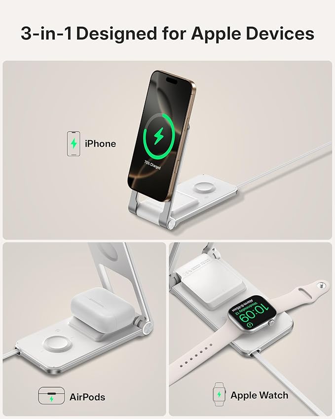 Wireless Mag-Safe Charger Stand for iPhone 17 Pro Max, 3 in 1 Charging Station for Multiple Devices, Metal Foldable Travel Charger for Apple Watch & AirPods, Built-in Retractable USB-C Cable, White