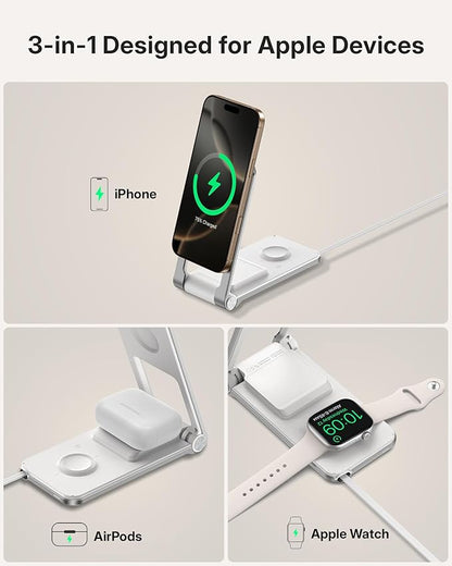 Wireless Mag-Safe Charger Stand for iPhone 17 Pro Max, 3 in 1 Charging Station for Multiple Devices, Metal Foldable Travel Charger for Apple Watch & AirPods, Built-in Retractable USB-C Cable, White