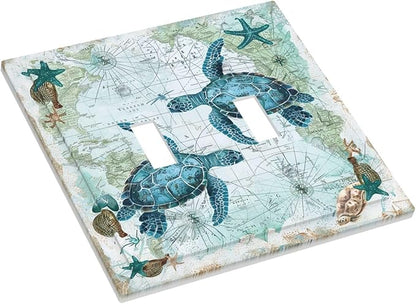Decorative Switch Plates Nautical Green Sea Turtles Beach Blue Ocean 2 Gang Double Toggle Outlet Light Switch Cover Wall Plate Electrical Faceplate For Bathroom Kids Room Decor
