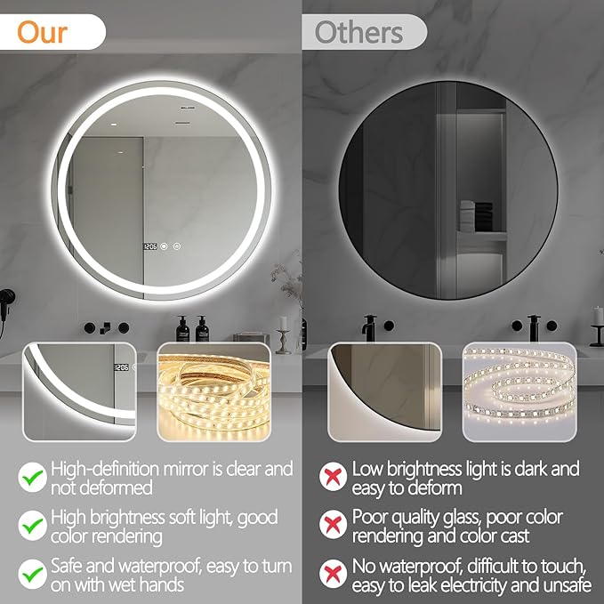 24" Round LED Bathroom Mirror with Anti-Fog & Touch Switch - 60x60cm Wall-Mounted Makeup Vanity Mirror, No Drilling Required, Smart Display Bathroom Mirror