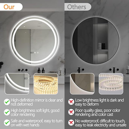 24" Round LED Bathroom Mirror with Anti-Fog & Touch Switch - 60x60cm Wall-Mounted Makeup Vanity Mirror, No Drilling Required, Smart Display Bathroom Mirror
