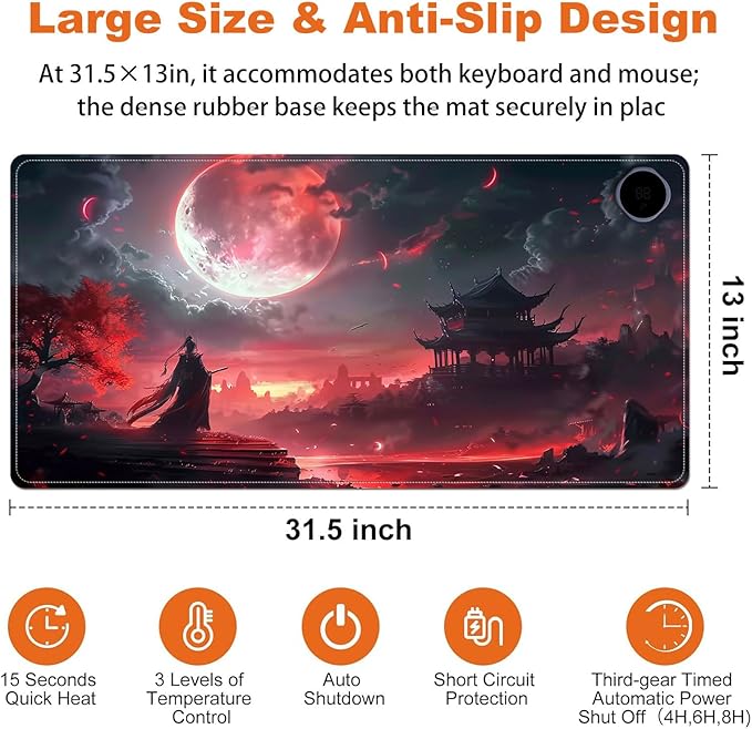 Heated Mouse Pad for Desk 31.5" x 13" – PU Leather Warm Desk Pad with 3 Heat Levels (104°F/113°F/122°F), Plug-in Electric Heating Mat with Auto Shut-Off, Waterproof & Rollable, Bloody Moonlight