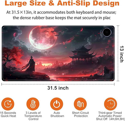 Heated Mouse Pad for Desk 31.5" x 13" – PU Leather Warm Desk Pad with 3 Heat Levels (104°F/113°F/122°F), Plug-in Electric Heating Mat with Auto Shut-Off, Waterproof & Rollable, Bloody Moonlight
