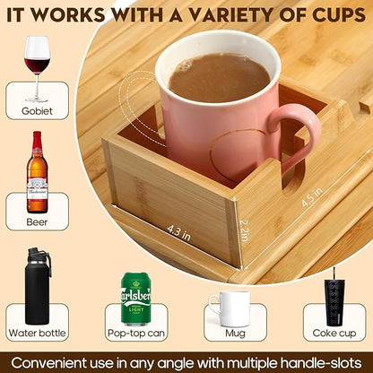 Bamboo Couch Arm Tray with Detachable Cup Holder, 2 in 1 Foldable Anti-Falling Design for Cups, Snacks, Remote, Cellphone