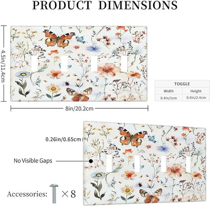 Light Switch Covers Butterfly Floral Boho Multicolor Flower Leave Quad Toggle Electrical Faceplate 4 Gang Wall Plate Decorative Switch Plates for Bed Room living Room Decor