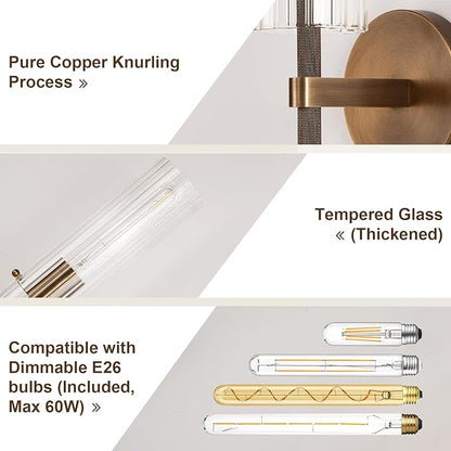 Brass Bronze 2-Light Knurled Wall Sconce, Dual-Head Vanity Lamp Set of Two with Vertical Striped Glass Tube, Bathroom Wall Sconces, Wall Lights for Living Room Bedroom Hallway Kitchen Bathroom Mirror