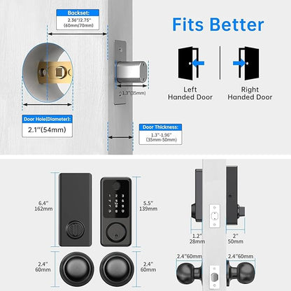 Smart Door Lock with Door Knobs, Fingerprint Door Lock with Handle, Black Smart Lock Round Handles for Home, Apartment
