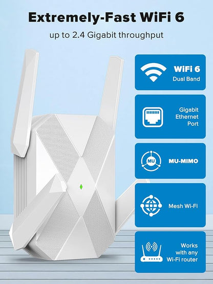 2026 AX3000 WiFi 6 Extender, WiFi Extender Signal Booster for Home-Dual Band (2.4G/5.8G), Gigabit Ethernet Port,Up to 12,000 Sq.Ft. & Support 99+ Smart Devices Easy Setup & Faster Speed (White)