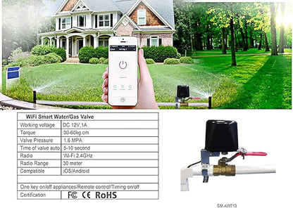 Smart WiFi Water Valve, APP Remote Control, Compatible with Alexa and Google Assistant, iOS/Android Apps, for Kitchen Gas Shutoff Valve, Farm Irrigation