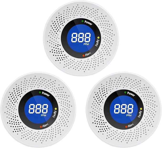 Carbon Monoxide Detectors, Travel Carbon Monoxide Detector Battery，Replaceable Battery Operated CO Detector Alarm with Digital Display for Warehouse, Kitchen, Restaurant,Hotel, Garage, 3 Packs