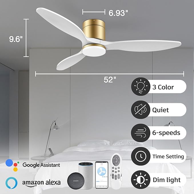 cumilo 52" Smart Ceiling Fans with Remote,Quiet DC Motor,Dimmable,Low Profile Outdoor Indoor Ceiling Fan,Compatible with Alexa Google Voice App,for Modern Flush Mount Bedroom Patio,Gold and White